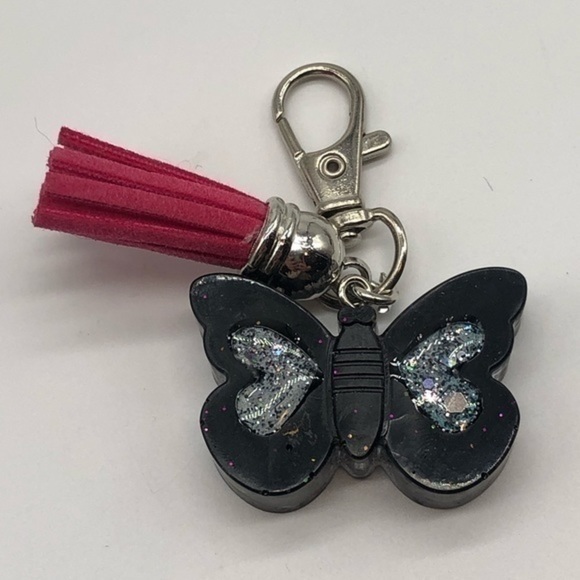 Handmade Resin Black & Silver Glitter Butterfly Key Chain Bag Charm Accessory - Picture 2 of 2